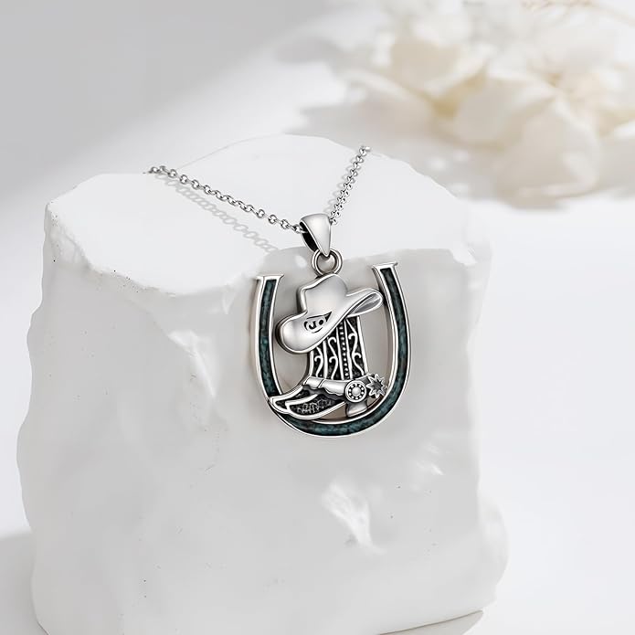 Western Cowboy Necklace 925 Sterling Silver Horseshoe Pendant Western Jewelry Cowgirl Gifts for Women Girlfriend Cowboy Cowgirl