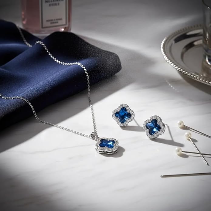 Four Leaf Clover Necklace and Earrings Set for Women, Clover Jewelry Set with Pendant Necklace and Stud Earrings, Brilliant Cubic Zirconia, Polished Metal Setting, Hypoallergenic, & Lightweight