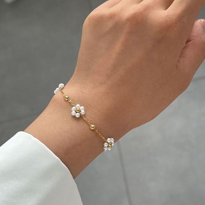 Zeffy Gold Pearl Beaded Bracelet for Women, 14K Gold Plated Jewelry Set With Paperclip Link Chain, Trendy Stack Bracelets
