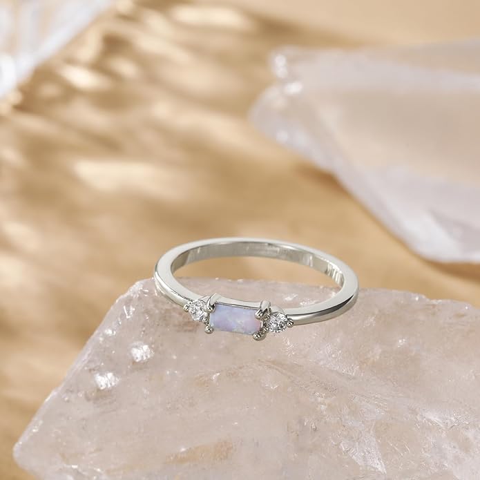 SHINYSO 14K Gold Plated Wedding Bands for Women Baguette Opal Ring Cubic Zirconia CZ Pave Thin Stackable Anniversary Rings for Her Size 4-10