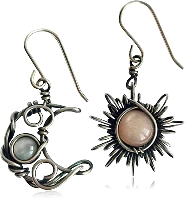 ANDPAI Unique Chic Abstract Hollow Black Vintage Silver Asymmetry Moon Star Sun Dangle Drop Earrings Black Moonstone Moon Hypoallergenic Earrings for Women Statement Jewelry Gifts