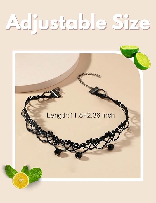 Choker Necklace for Women, Black Necklace Lace Choker for Women Lace Collar Choker with Beaded Pendant, 2.36" Adjustable Necklace Extender