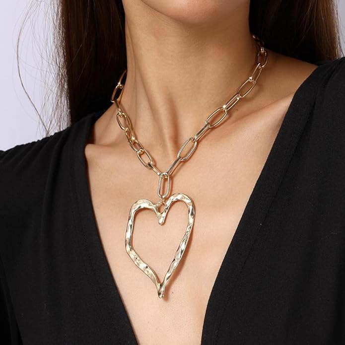 Chunky Gold Heart Necklace for Women,Y2K Big Heart Statement Necklace Long Puffy Hearts Chain Charm Necklaces Trendy Jewerly