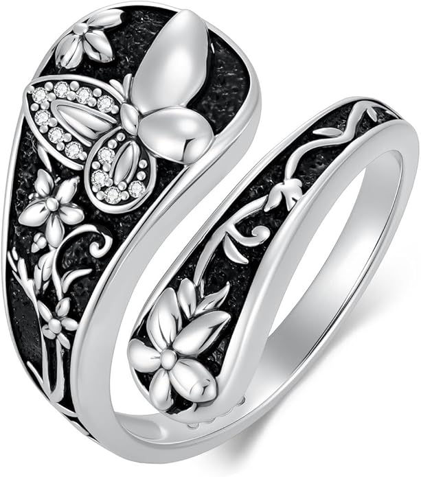 LOANGO Spoon Ring for Women 925 Sterling Silver Spoon Rings Adjustable Oxidized Vintage Thumb Rings Sunflower Hummingbird Butterfly Bee Cardinal Jewelry Gifts for Women Men