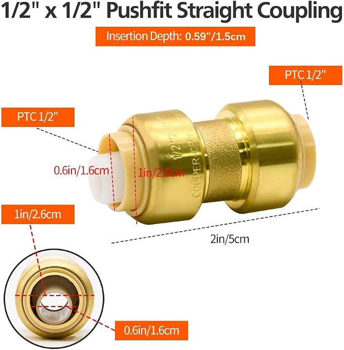 2 Pack Push-to-Connect Plumbing Fittings, 1/2" Pushfit Straight Fittings - Image 2