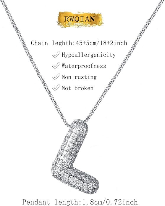 RWQIAN Letter Necklace for Women Bubble, Chunky Initial Alphabet A-Z Pendant Puffy Name Personalized Necklace Dainty Zircon CZ Fashion Jewelry Gifts for Girls Girlfriend