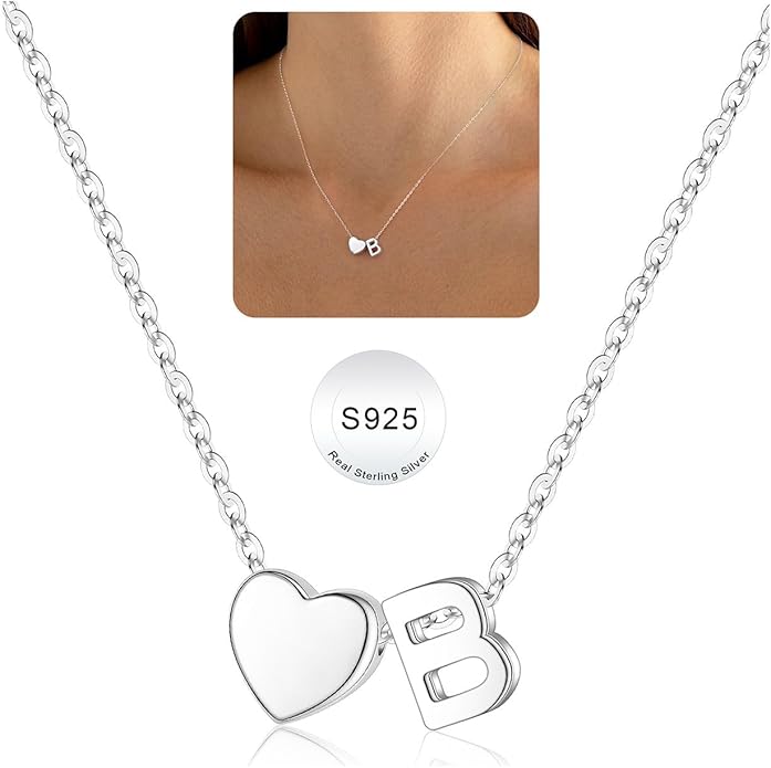 Turandoss Valentines Gifts for Her Kids Girls, Dainty S925 Sterling Silver Tiny Heart Letter A-Z Pendent Necklace Trendy Birthday Valentines Jewelry Gifts for Girls Women