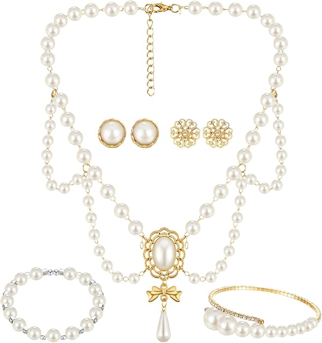 Glenmal Pearl Rhinestone Jewelry Set for Women Pearl Necklace Bracelet Earrings for Wedding Birthday Bridal Shower Tea Party