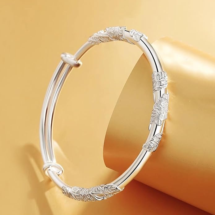 Solid 925 Sterling Silver Bracelets for Women Simple Adjustable Bangle Bracelet