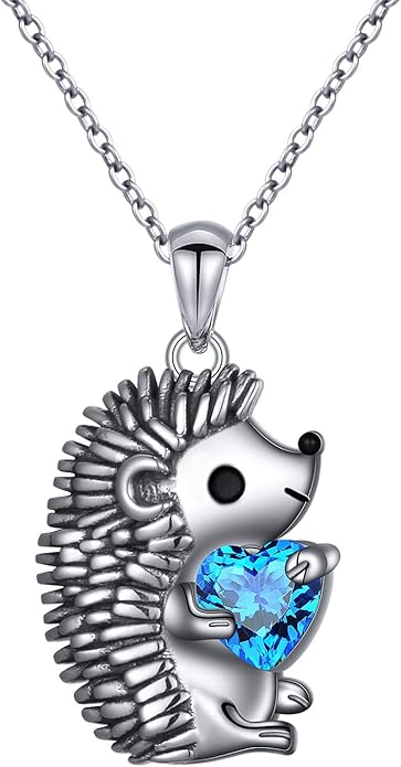 FLYOW 925 Sterling Silver Cute Animal Heart CZ Hedgehog Pendant Necklace and Stud Earrings Bracelet Set for Women Birthday Jewelry