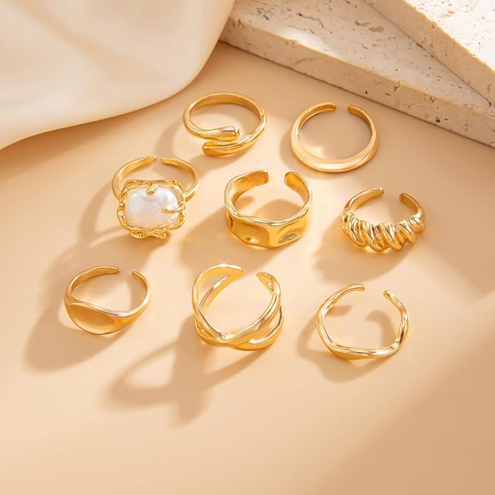 Chunky Gold Rings for Women Rhinestone Stackable Knuckle Ring Set Open Adjustable Statement Ring Set Dainty Crown Cross Midi Rings Fashion Jewelry Gift for Women