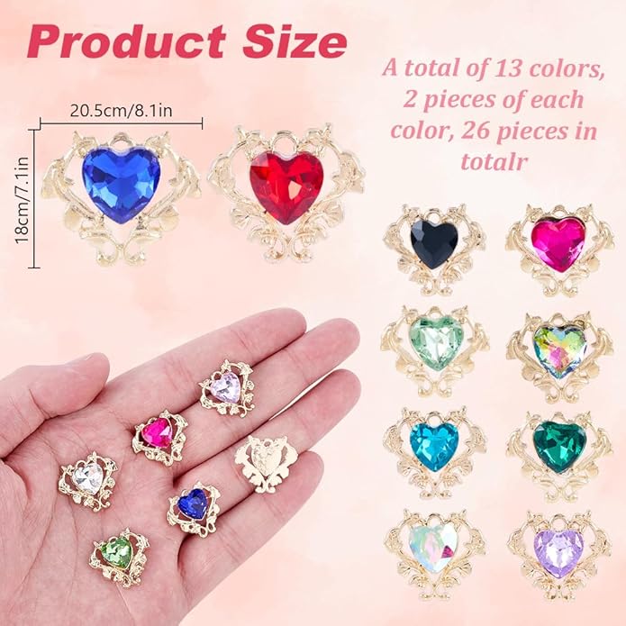 26Pcs 13 Styles Heart Shaped Rhinestone Charms Alloy Love Heart Crystal Bead Dangle Pendant Craft Decoration for DIY Earrings Bracelets Necklaces Keychains Jewelry Making