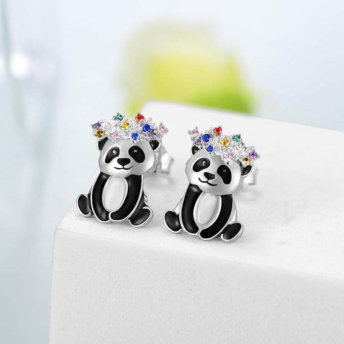 Axolotl/Highland Cow/Panda/Giraffe Stud Earrings 925 Sterling Silver Cute Animal Earrings with with Colored Zircon Animal Jewelry Gift for Girls Women