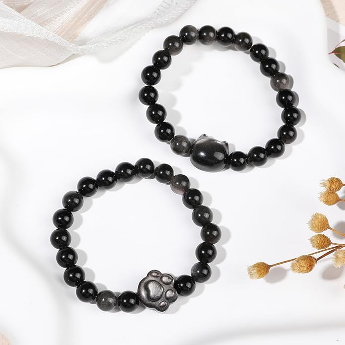 Black Obsidian Cat Bracelet and Moon Pendant Necklace Jewelry Set-Cat Lover Gifts,Wealth Attraction,Good Luck,Bead Bracelet,Mindfulness,Beaded Bracelets, Obsidian Pendant Necklace-Cute Gifts for Women