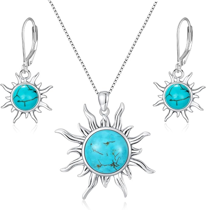 Genuine Sun Turquoise Jewelry Set for Women, Sterling Silver Native American Neckace and Dangle Earings Western Jewelry Birthdays Gift
