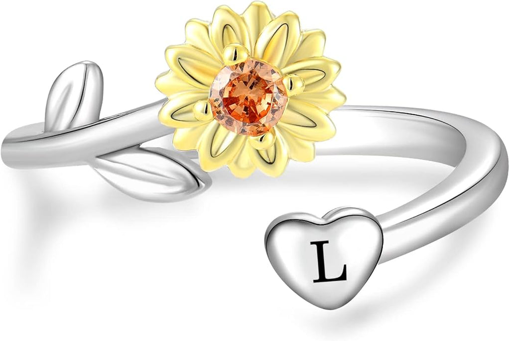 STARCHENIE Sunflower Initial Ring for Women 925 Sterling Silver Letters A-Z 26 Alphabet Adjustable Ring Size 7