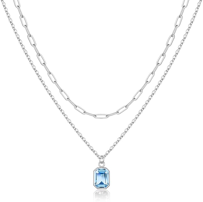 Layered Birthstone Necklace for Women Girls, 14K Gold-Plated Paperclip Chain Choker Necklace with Rectangle Birthstone Pendant Birthday Gifts for Women Girls Dainty Small