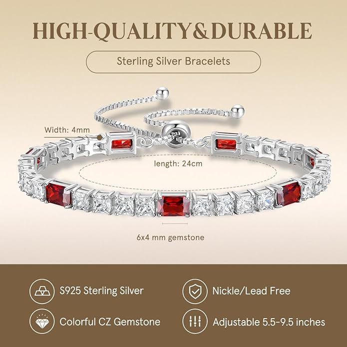 FANCIME Birthstone Bracelet for Women, Sterling Silver 4x6mm Gemstone Tennis Bracelet Bolo Adjustable Chain Fine Jewelry Birthday Gifts for Women Mom Wife Her