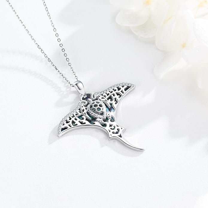 Midir&Etain Ocean Necklace 925 Sterling Silver Blue Opal Necklace Starfish/Flip Flop/Shark Pendant Beach Ocean Jewelry for Women