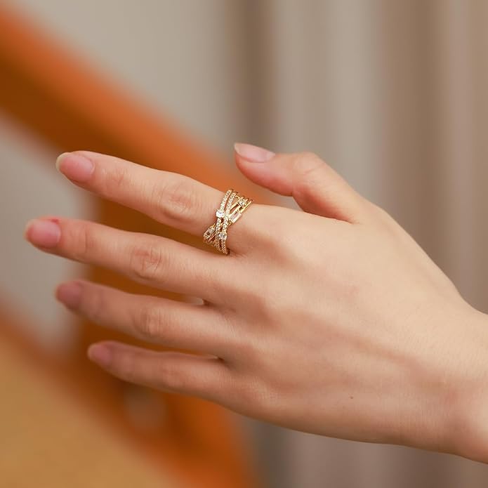 18K Gold Plated Cubiz Zirconia Wedding Engagement Wide Adjustable Band Ring for Women
