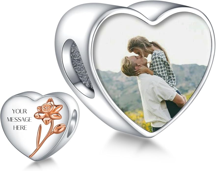 Annmors Personalized Photo Charm for Bracelet Necklaces,925 Sterling Silver Charm Love Heart Shaped Engraved Customize Picture Gift for Birthday Mother's Day Christmas,Bead Charms Jewelry for Women