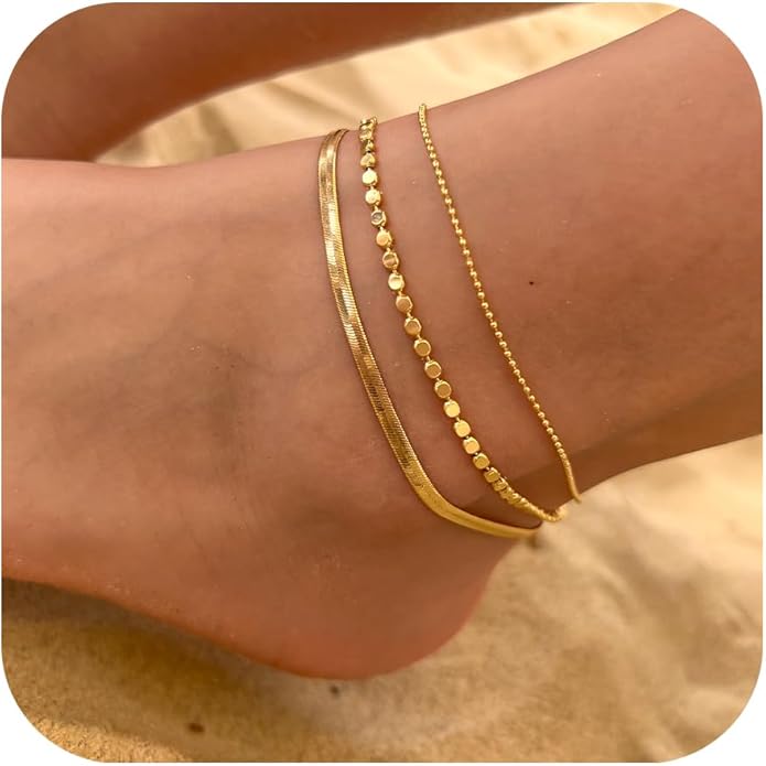Risamil 14K Gold Plated Ankle Bracelets for Women, Anklets for Women Waterproof Layered Ankle Bracelets for Women Teen Girl Herringbone Anklet Set Summer Foot Jewelry Gifts