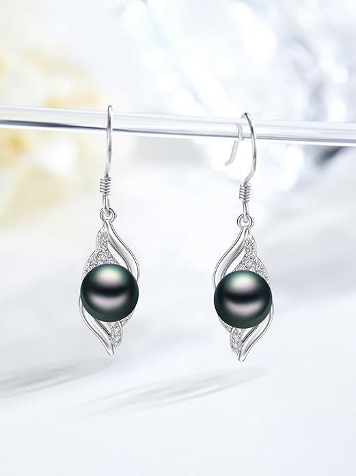 Tahitian Black Pearl Earrings Gifts for Women Wife Celtic Dangle Drop Earrings Wedding Birthday Anniversary Jewelry Valentines Christmas Day Gifts 925 Sterling Silver