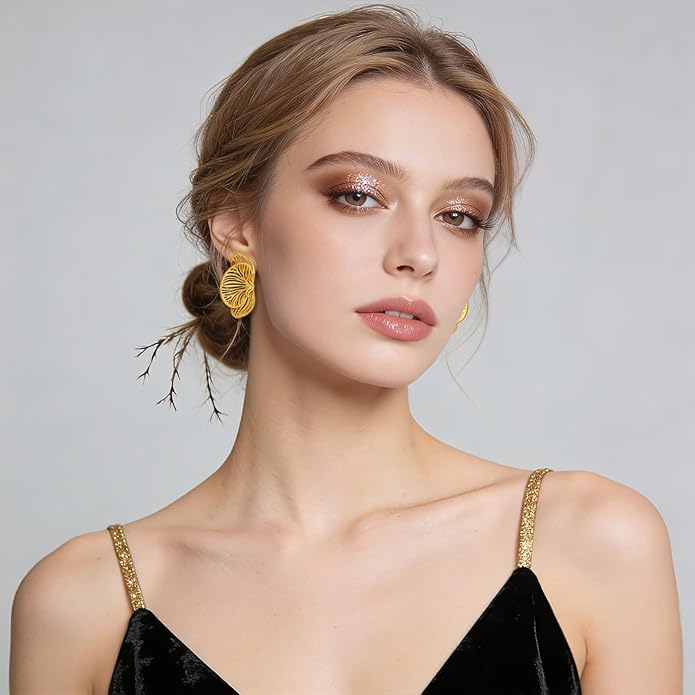 Gold Statement Stud Earrings for Women – 18K Gold Plated Abstract Hollow Leaf Earrings, Chunky Fan Shell Post Studs, Vintage Polished Cutout Flower Jewelry Gift