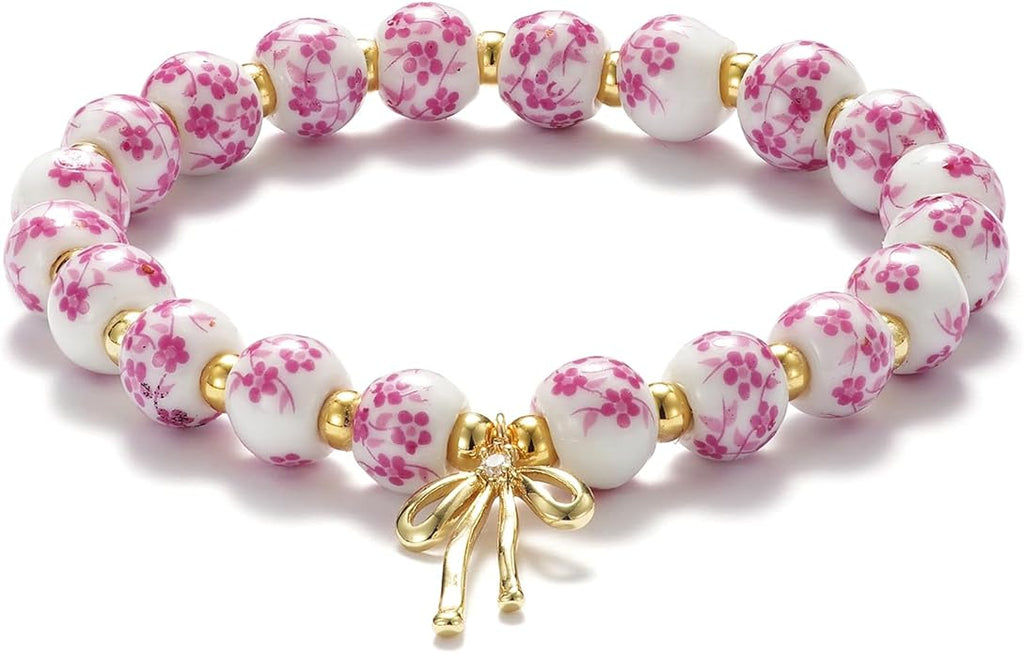 Beads Bow Charm Bracelet for Women Flower Vintage Bracelet Handmade Stretch Beaded Dainty Romantic Jewelry Gifts