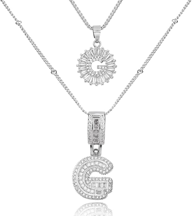 Initial Letter Necklace for Women 14k White Gold Silver Plated Dainty Necklaces Trendy Chunky Custom Layered Necklace Set Personalized Round Circle Zirconia A-Z Letter Chain Pendant Jewelry Gift