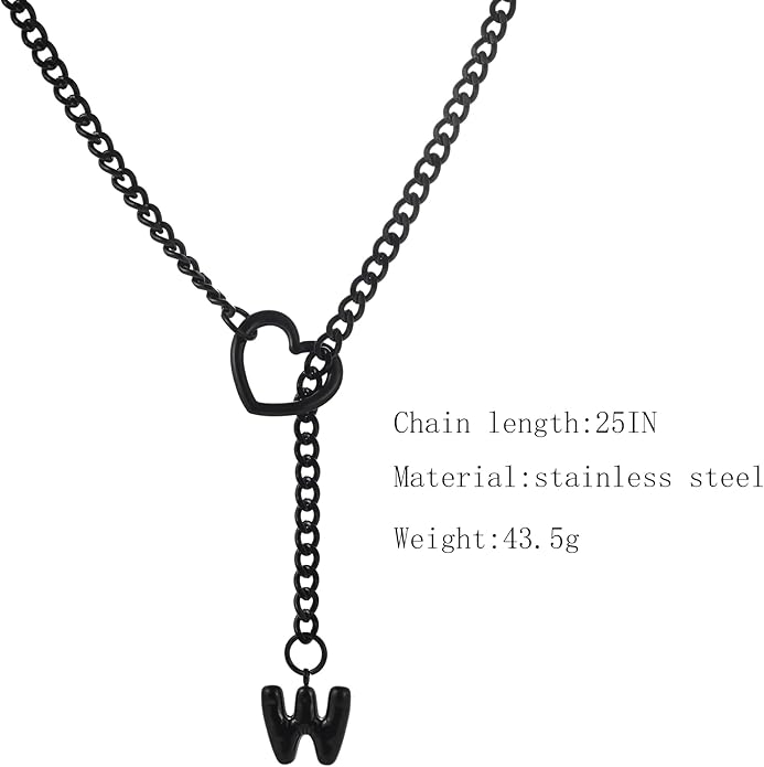 Black Heart Slip Chain Initial Necklaces for Women,Stainless Steel O-Ring Adjustable Lariat Heart Y-Necklace,Punk Gothic Cuban Collar Choker Necklace for women