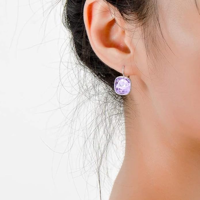 AOBOCO Sterling Silver Leverback Earrings Embellished with Crystals from Austria, Hypoallergenic Cushion Cut Square Crystal Earrings, Fine Anniversary Birthday Jewelry Gifts for Women