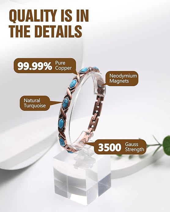 Feraco Pure Copper Bracelets for Women, Ultra Strength Magnetic Bracelet with 3800 Gauss Magnets & Natural Turquoise & Stones, Adjustable, Jewelry Gift