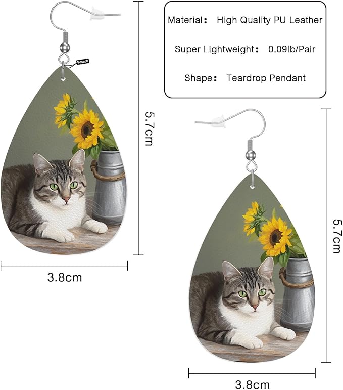 Cat Fashion Faux Leather Earrings Cute Cat Kitten Pet Sunflower Florals Wedding Teardrop Earrings Jewelry For Women Friends Bridal