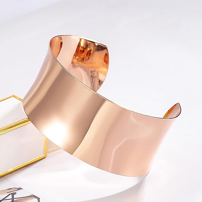 Dankadi Women 925 Sterling Silver Curved Bangle 30MM Wide Grooved Cuff Bangle Shiny Punk Open Bracelet Adjustable Plated 24k Gold/Rose Gold Jewelry Gift