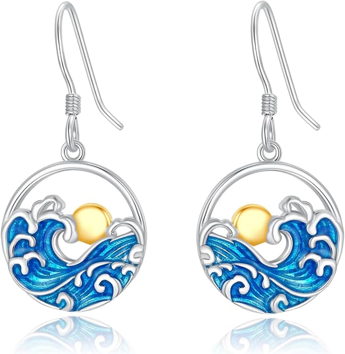 Wave Earrings Women 925 Sterling Silver Ocean Wave Dangling Earrings Sunrise Earring Ocean Jewelry Beach Gifts for Women