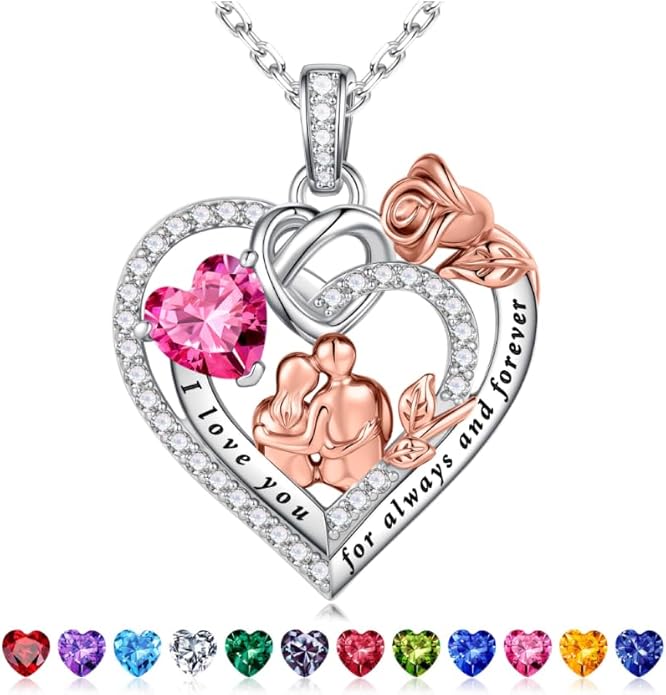 Iefil Valentines Day Gifts for Her - 925 Sterling Silver Birthstone Heart Necklace for Women, Anniversary Birthday Gifts for Wife Girlfriend Mom