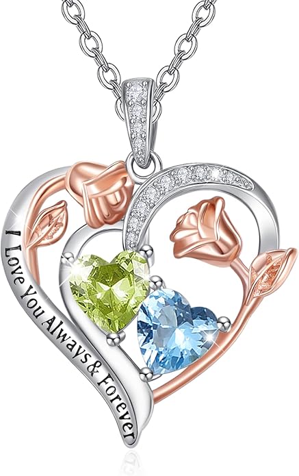 Valentine's Day Gifts for Wife 925 Sterling Silver Double Birthstone Pendant Necklaces I Love You for Always and Forever Necklace Anniversary Birthday Gifts for Wife Girlfriend Mom Her