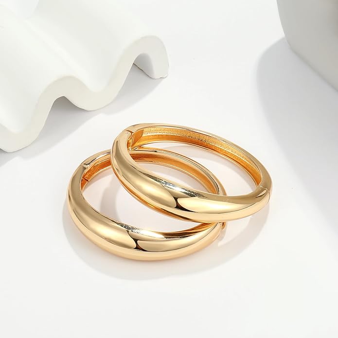 2Pcs Bangle Bracelets for Women Gold Arm Cuff 14k Gold Plated Chunky Gold Bangle Set Hinged Cuff Bracelets Trendy Arm Cuff Jewelry for Women