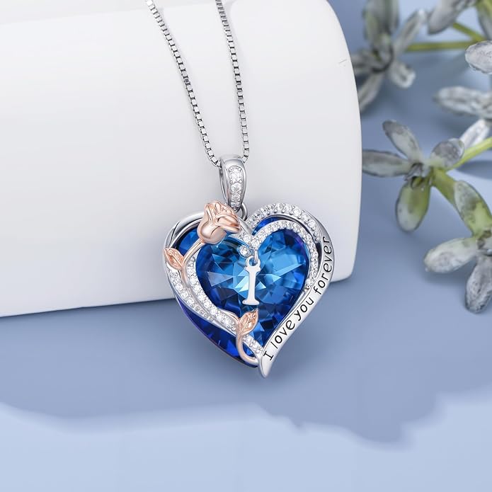 PELOVNY Rose Heart Initial Necklaces for Women S925 Sterling Silver Alphabet Letter Crystal Necklace Initial Pendant Jewelry Gifts for Mom Daughter Wife