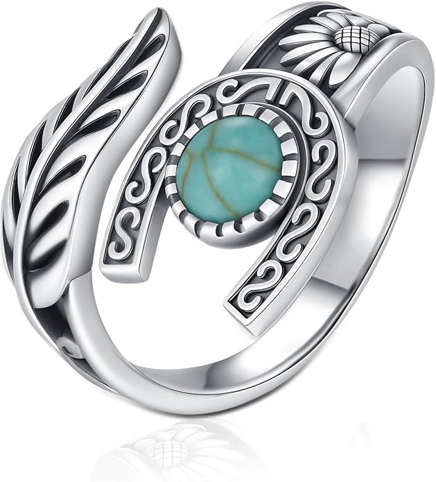 Turquoise/Moss Agate/Moonstone/Black Onyx/Lapis Lazuli/Labradorite/Tiger Eye Feather Ring 925 Sterling Silver Adjustable Ring Western Thumb Rings Vintage Jewelry Gifts for Women