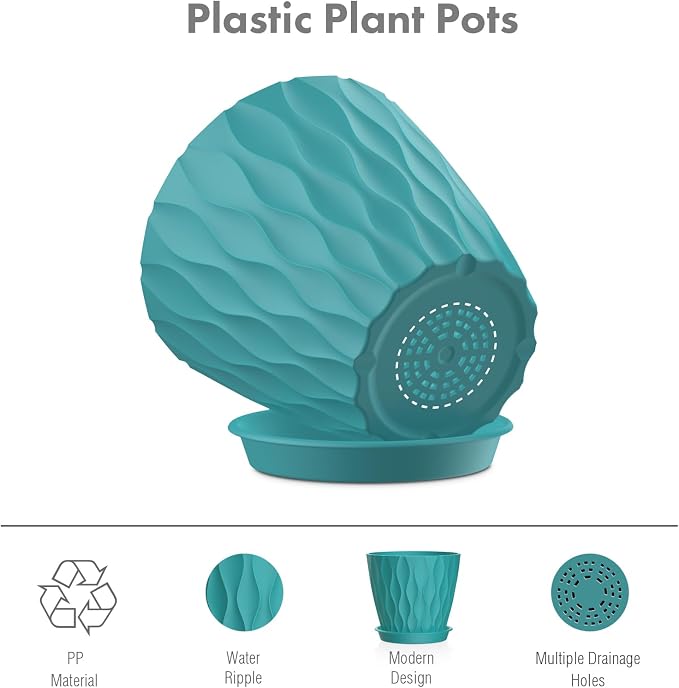 Meowell 4 inch Small Plastic Nursery Pots, 5 Pack Water Ripples Flower Pots - Image 4