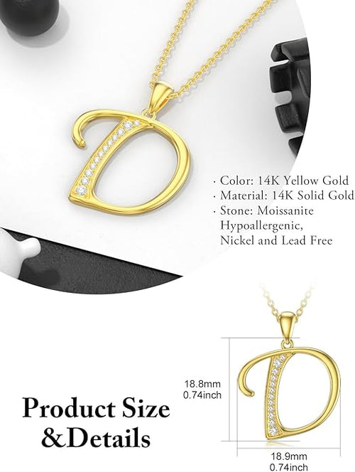 14k Gold Initial Necklace for Women, Solid Gold Moissanite Letter Pendant Necklaces Jewelry for Her Birthday Valentines Day Gifts for Mom Wife Christmas Gifts for Girlfriend Sister