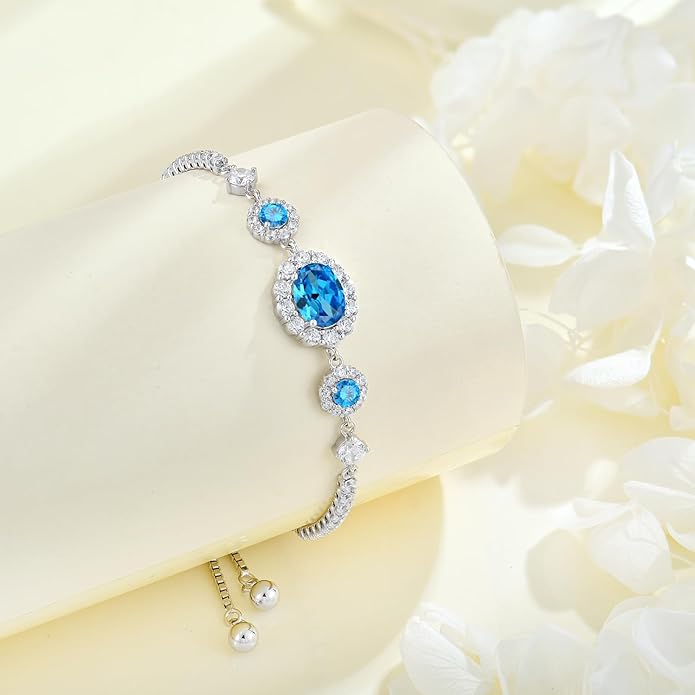925 Sterling Silver Birthstone Bracelets for Women, Adjustable Halo Cubic Zirconia CZ Bracelet Anniversary Birthday Jewerly for Mom Wife