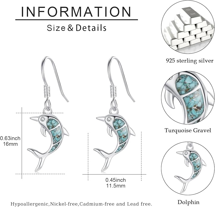 Ocean Earrings 925 Sterling Silver Turquoise Sea Animal Dangle Drop Earrings Beach Themed Jewelry Gifts for Women Girls