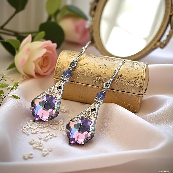 Antique Inspired Vintage Victorian Dangle Drop Earrings for Women - Colored Austrian Crystal Leverback Earrings - Jewelry Gift for Her