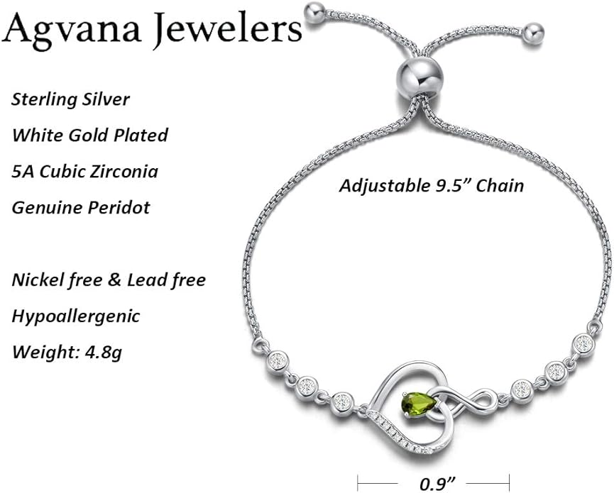 AGVANA Valentines Day Gifts Heart Birthstone Bracelets for Women Sterling Silver Genuine or Created Gemstone Tennis Bracelet Infinity Love Jewelry Anniversary Birthday Gifts for Wife Mom Women