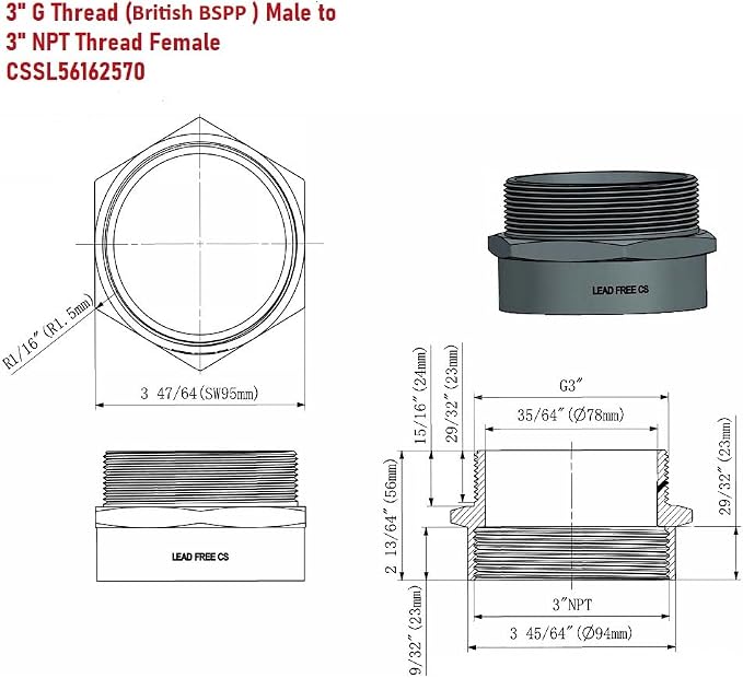 Cascada Lead-Free Brass Adapter, G Thread British BSPP Male to NPT Female |) - Image 4