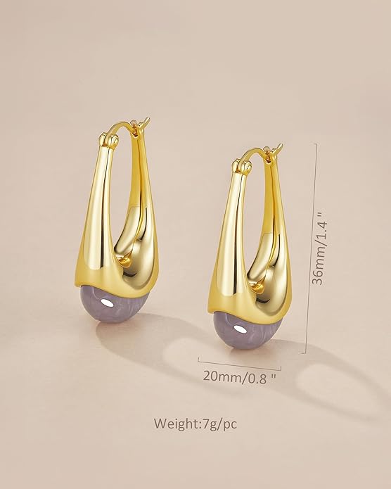 Long Oval Chunky Dangle 18K gold plated Hoops with Colored Resin Gemstone Statement Earrings for Women by SNGIA, (Green, Brown, Blue, Pink, White, Cream), Bold Drop Handmade Exaggerated Irregular Trendy Bohemian Jewelry Gifts, Unique Dangling Teardrop ...