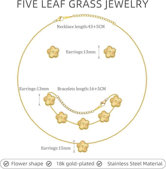 Gold Necklaces Bracelets Earring Set - 18K Gold Plated Flower Bracelet Chain,Stainless Steel Non Tarnish Floral Pendant Stud Jewelry Sets,Christmas Birthday Lucky Gift for Mom Wife Daughter Girlfriend